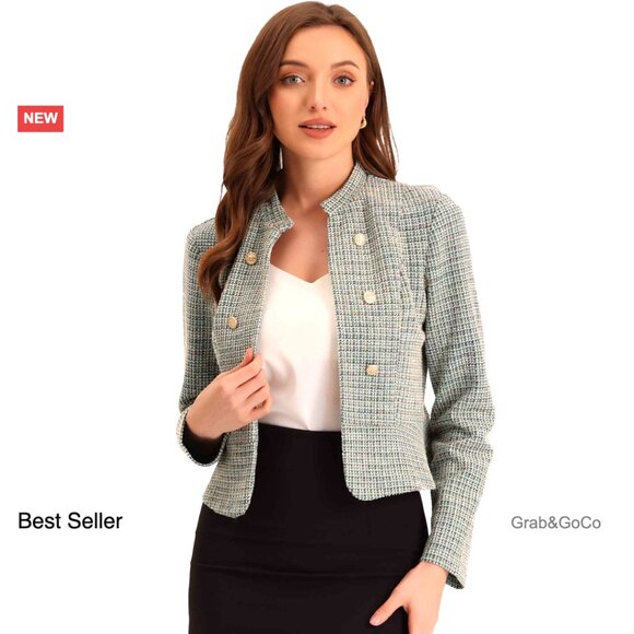 Vintage Tweed Cropped Blazer Stand Collar Business Chic Office Wear